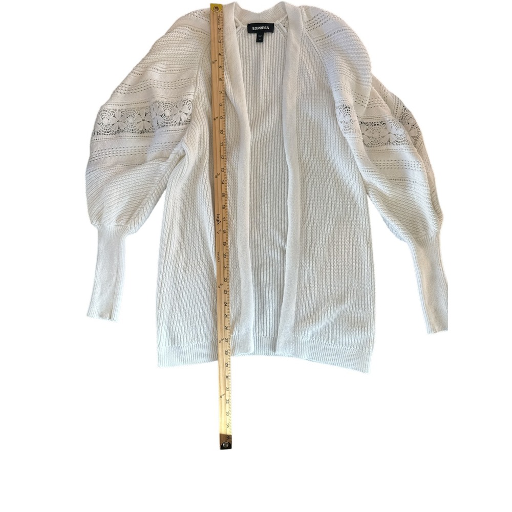 EXPRESS Cream White Lace Sleeve Open Front Knit Cardigan Sweater XS - Picture 3 of 8